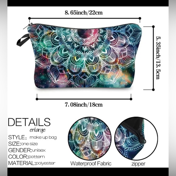 Vintage Mandala Pattern Zipper Cosmetic Lightweight Travel Bag Blue and Teal - Picture 6 of 6